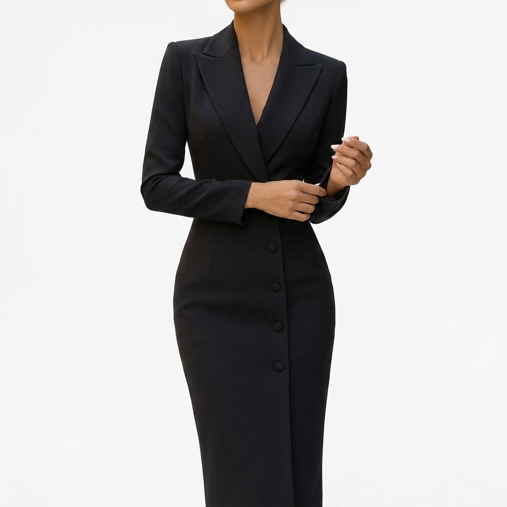 Emmie | Bodycon Fitted Button Collar Autumn Work Smart Midi Long Sleeve Dress Women
