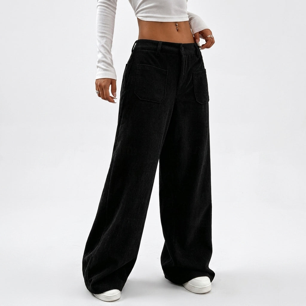 Myla | Loose Baggy Ribbed Corduroy Pockets Button Autumn Wide Leg Trousers Women