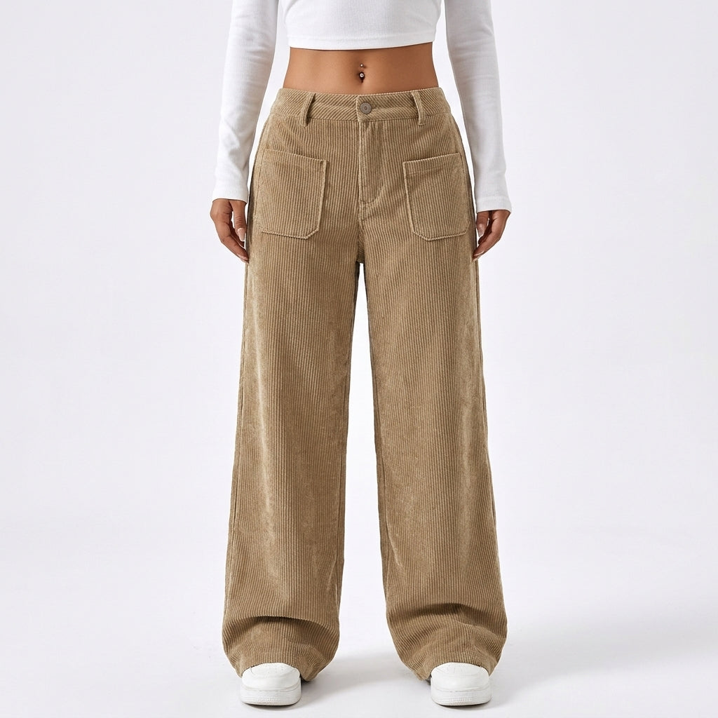 Myla | Loose Baggy Ribbed Corduroy Pockets Button Autumn Wide Leg Trousers Women