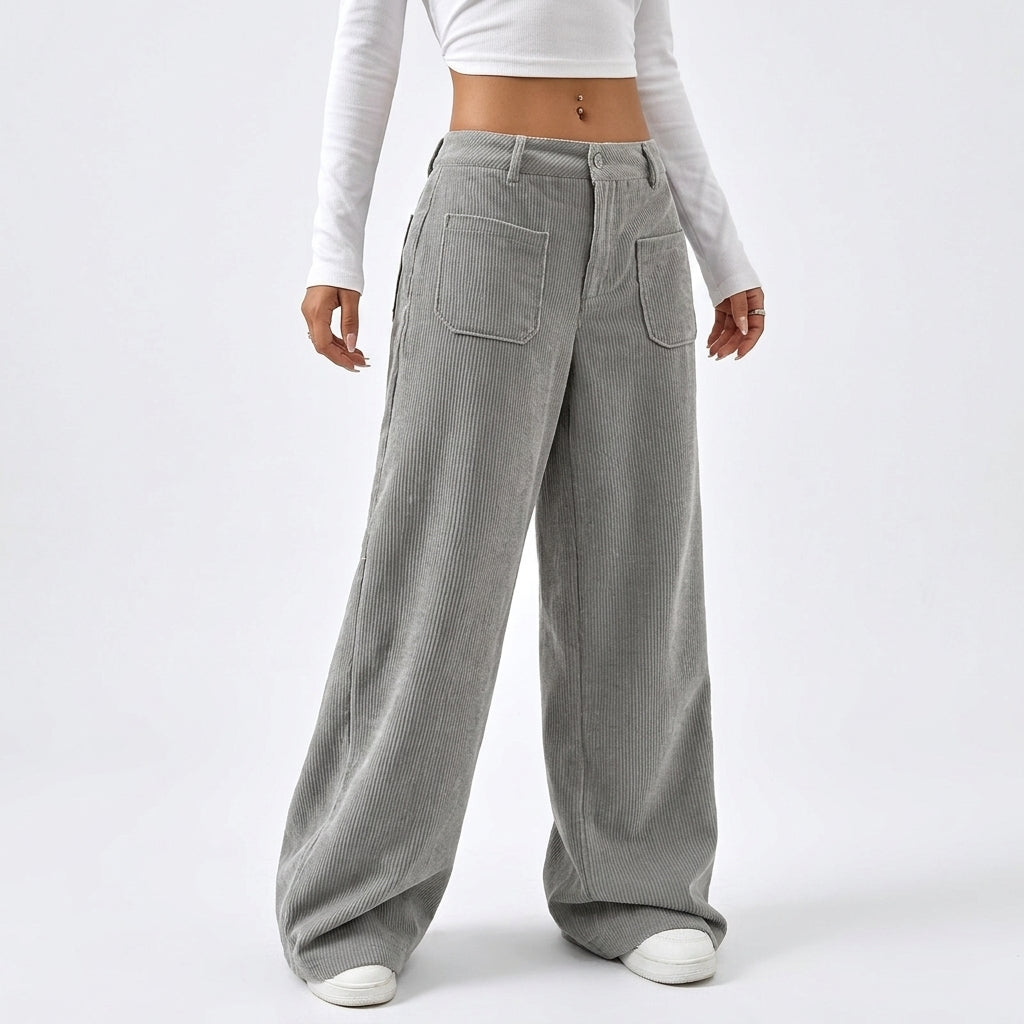 Myla | Loose Baggy Ribbed Corduroy Pockets Button Autumn Wide Leg Trousers Women