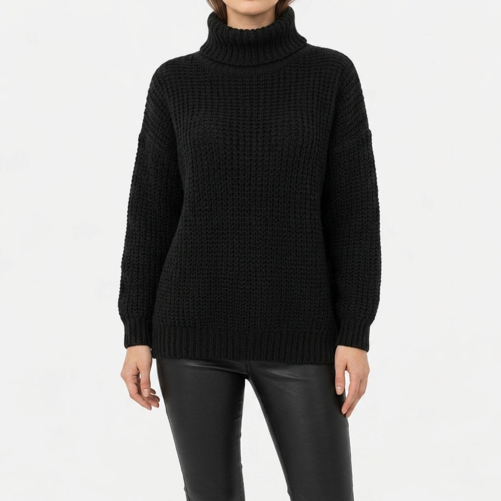 Elsie | Denim Chunky Oversized Drop Shoulder Long Sleeve Ribbed Hem Turtleneck Winter Jumper Women