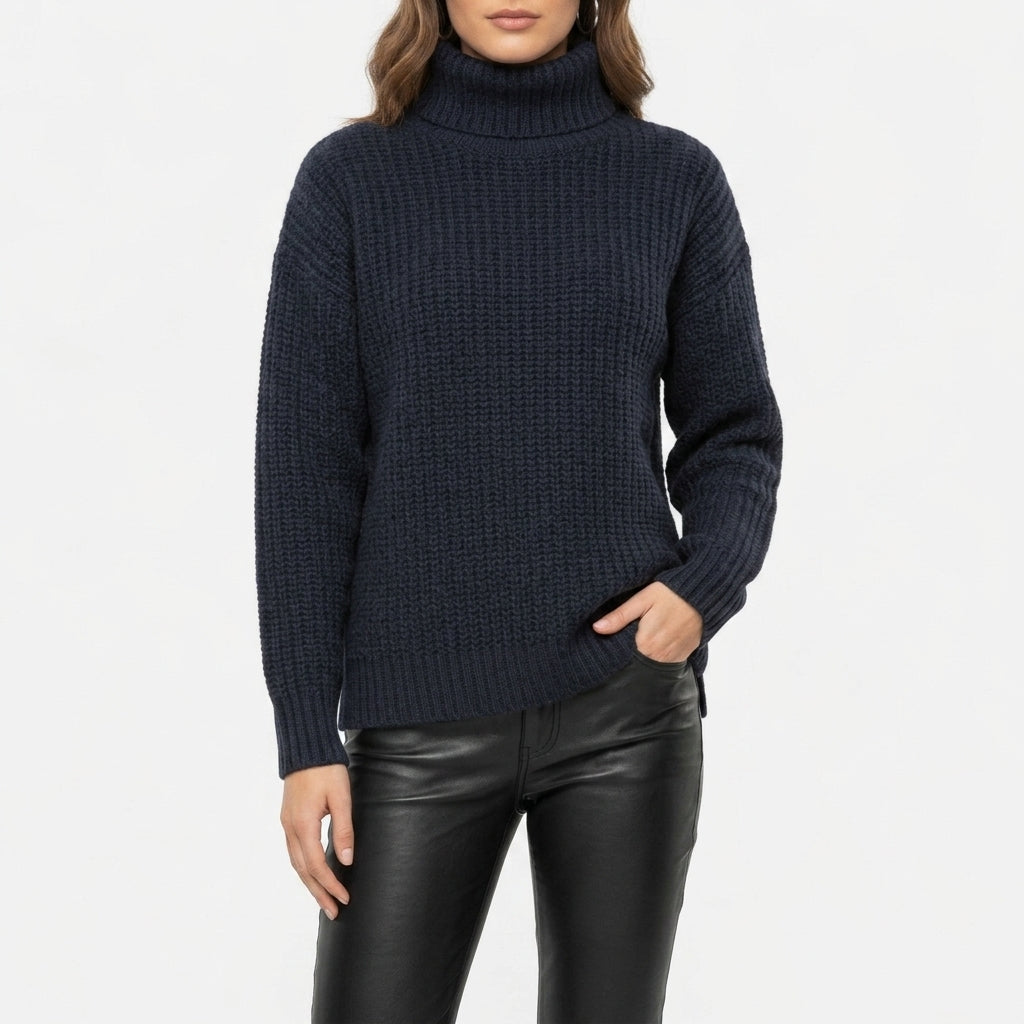 Elsie | Denim Chunky Oversized Drop Shoulder Long Sleeve Ribbed Hem Turtleneck Winter Jumper Women