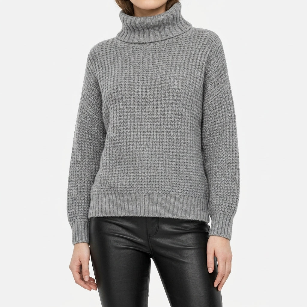 Elsie | Denim Chunky Oversized Drop Shoulder Long Sleeve Ribbed Hem Turtleneck Winter Jumper Women