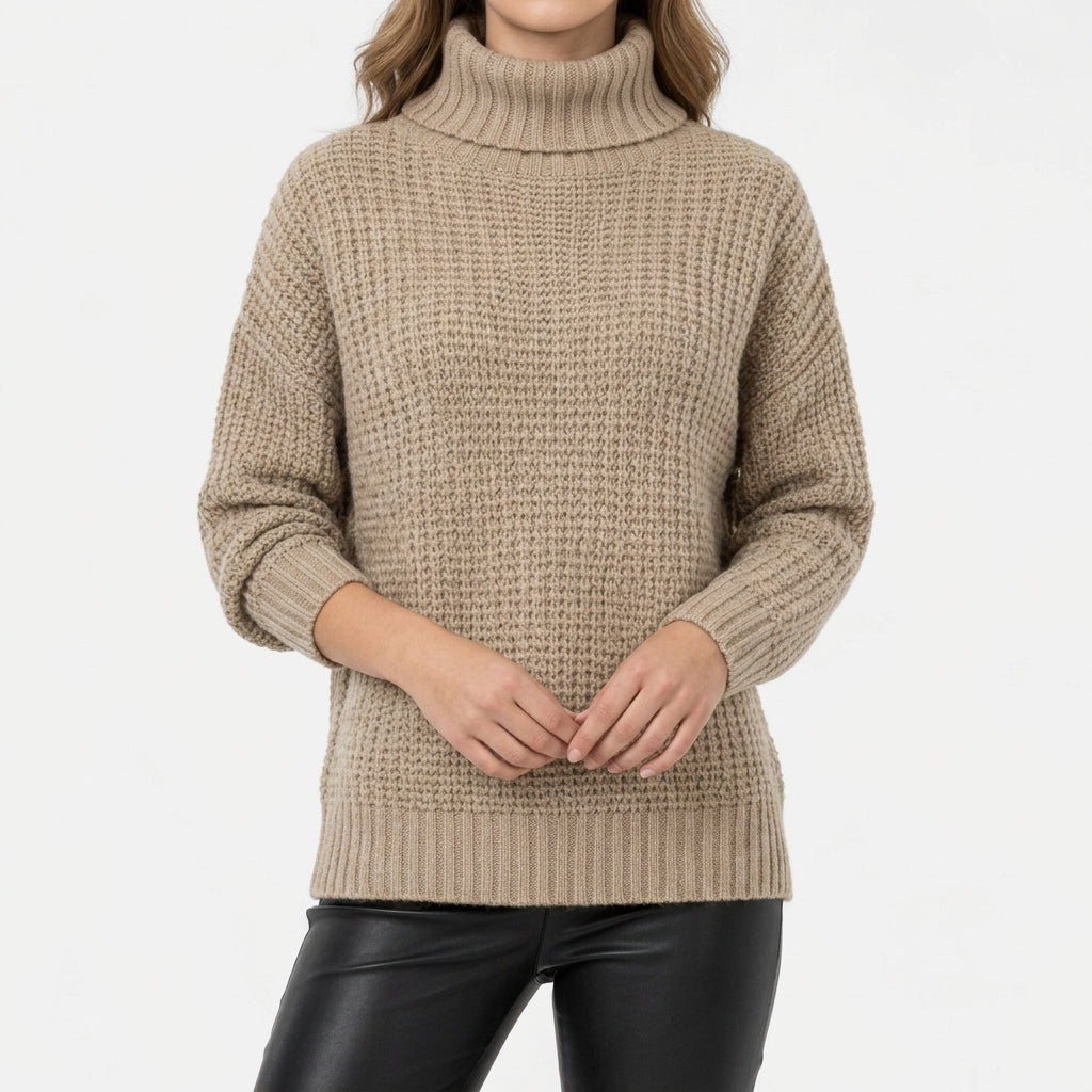 Elsie | Denim Chunky Oversized Drop Shoulder Long Sleeve Ribbed Hem Turtleneck Winter Jumper Women