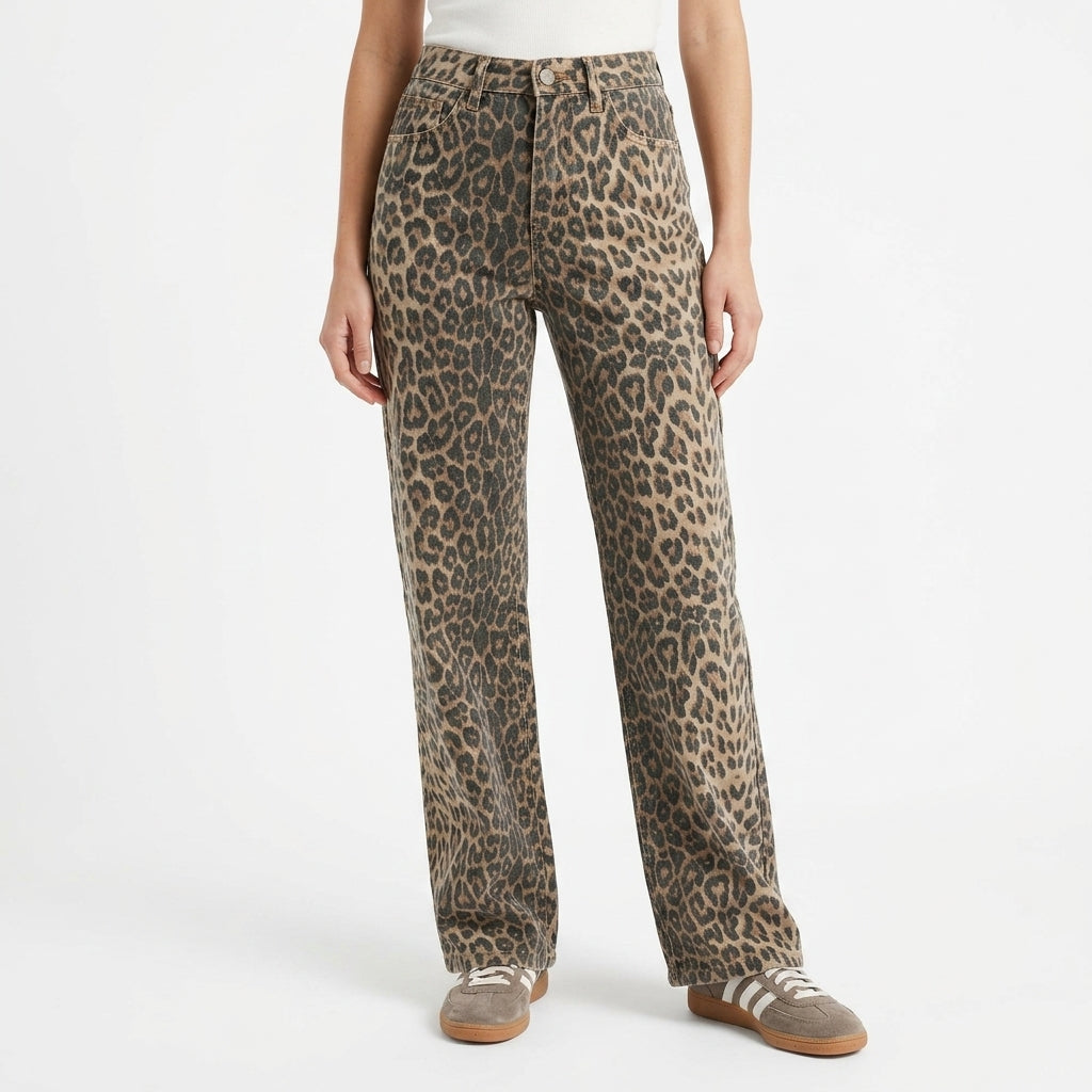 Raya | Leopard Animal Print High Waisted Denim Pocket Straight Leg Jeans Women