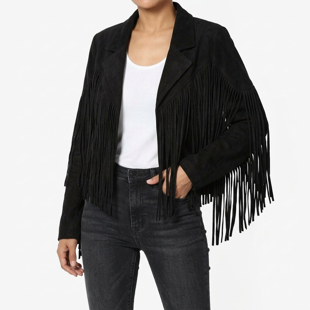 Zoe | Cropped Fitted Collared Lapel Fringe Autumn Faux Suede Blazer Women