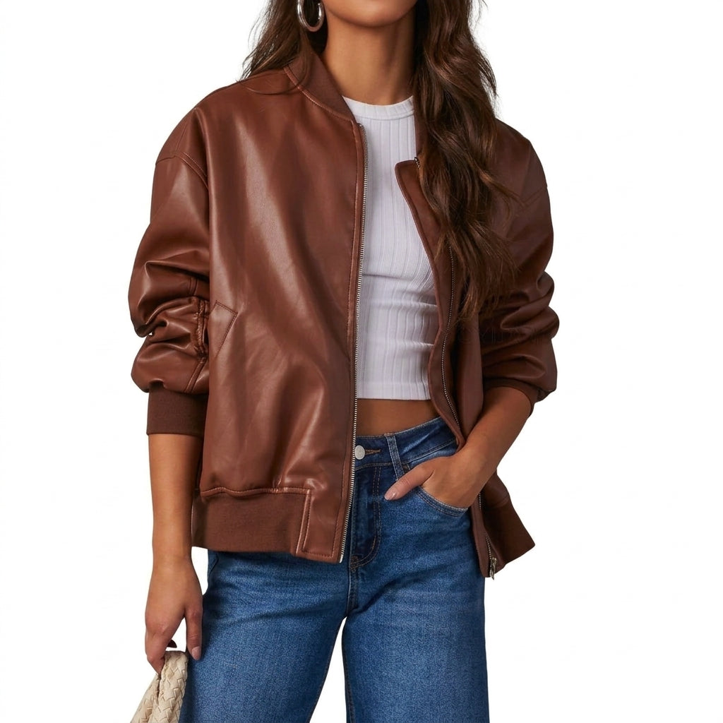 Jenna | Collared Zip Up Pocket Autumn Faux Leather Oversized Bomber Jacket Women