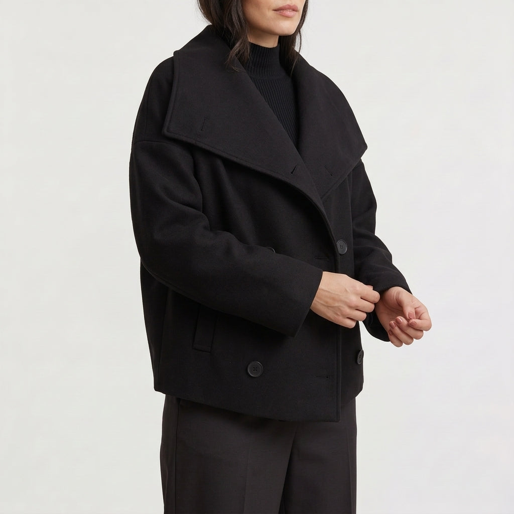 Jade | Oversized Drop Shoulder Double Breasted Pockets Collared Cropped Peacoat Women