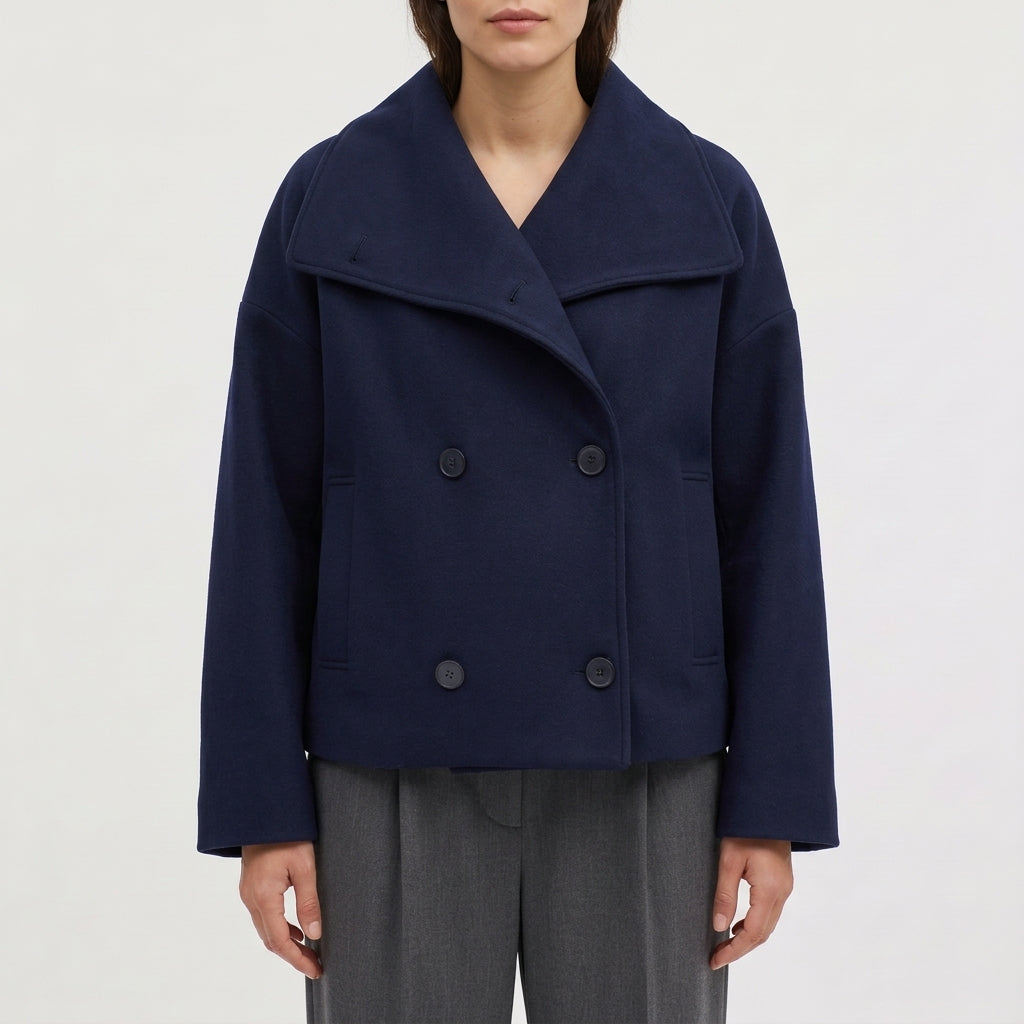 Jade | Oversized Drop Shoulder Double Breasted Pockets Collared Cropped Peacoat Women
