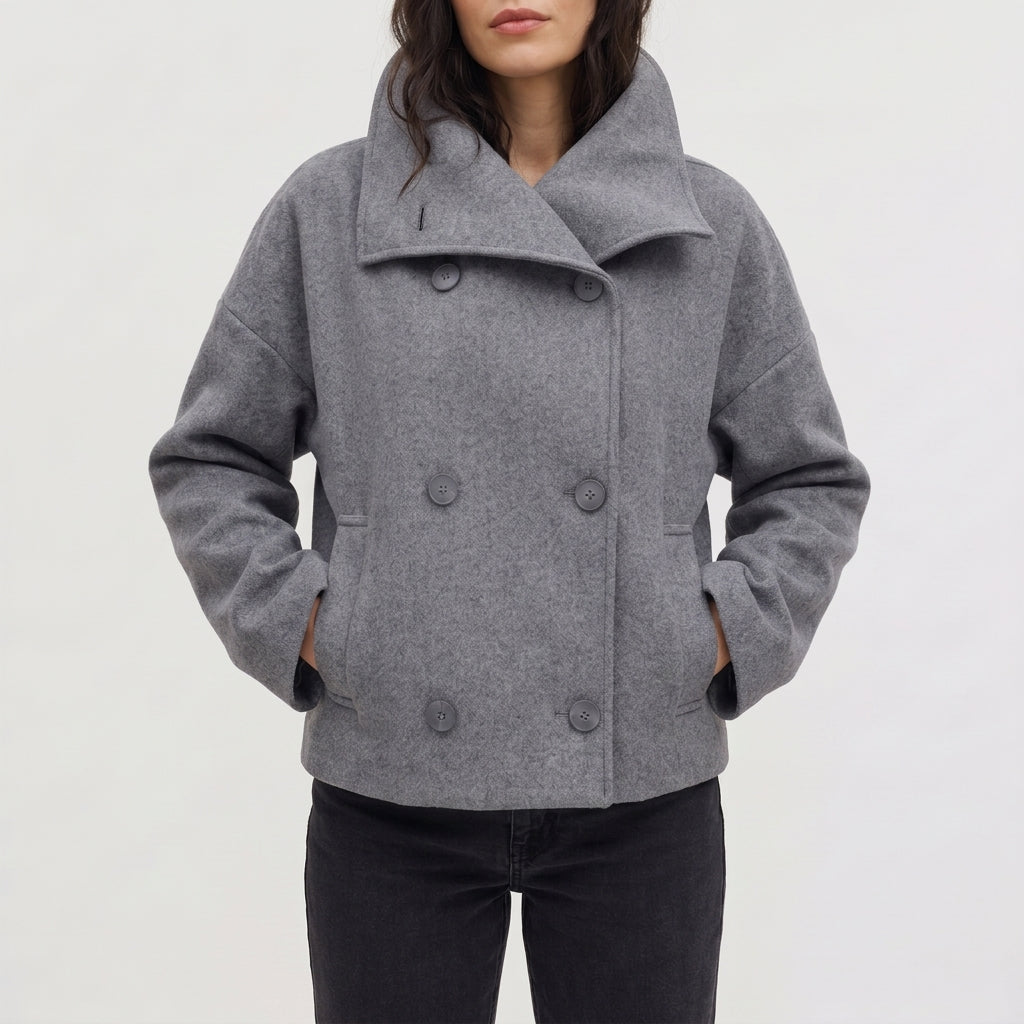 Jade | Oversized Drop Shoulder Double Breasted Pockets Collared Cropped Peacoat Women
