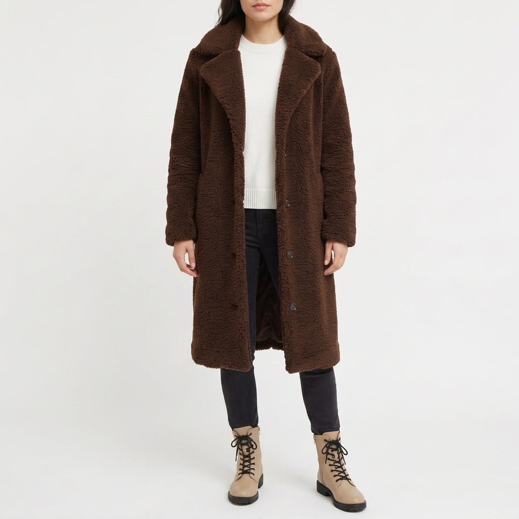 Mila | Teddy Notch Lapel Collar Single Breasted Button Long Winter Coat Women