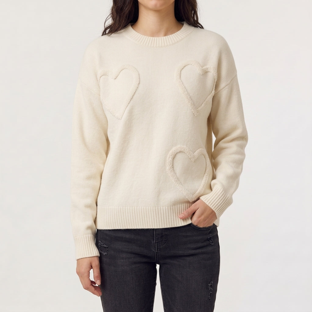 Maeve | Heart Embroidered Drop Shoulder Long Sleeve Crew Neck Ribbed Jumper Women