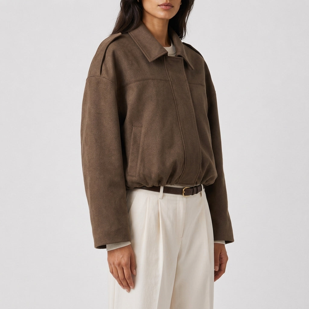 Nala | Collared Pocket Faux Suede Boxy Oversized Cropped Elasticated Hem Autumn Bomber Jacket Women