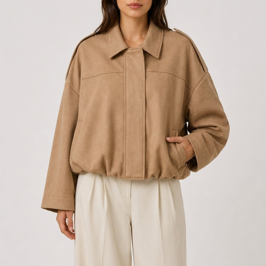 Nala | Collared Pocket Faux Suede Boxy Oversized Cropped Elasticated Hem Autumn Bomber Jacket Women