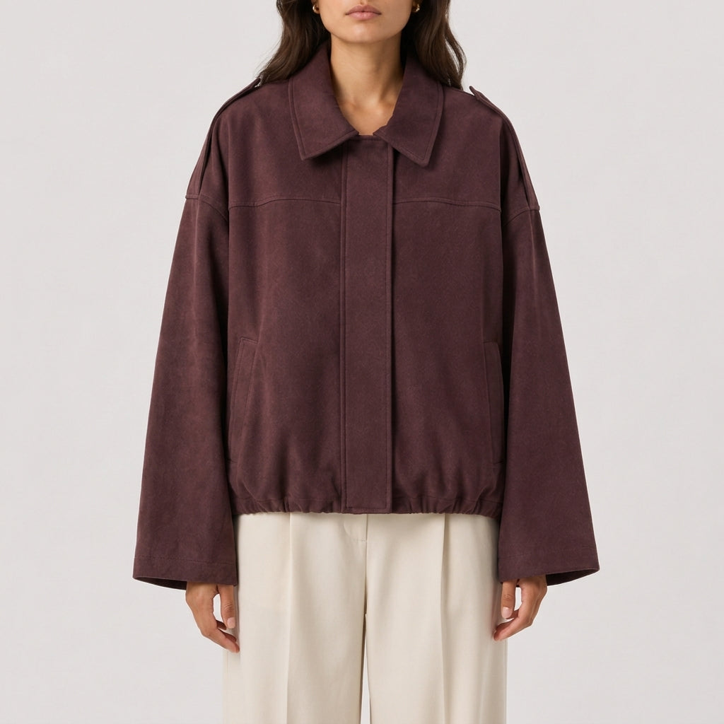 Nala | Collared Pocket Faux Suede Boxy Oversized Cropped Elasticated Hem Autumn Bomber Jacket Women