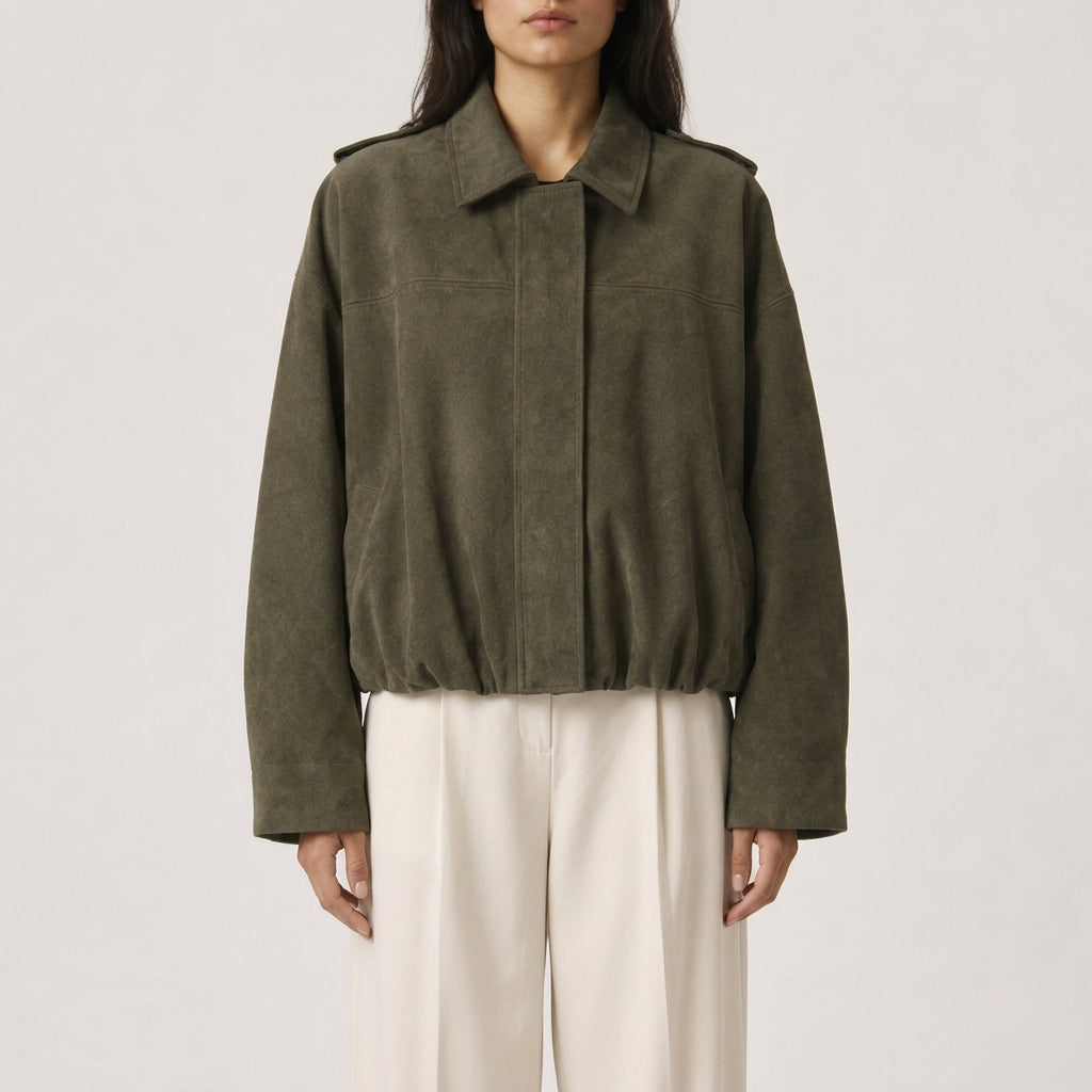 Nala | Collared Pocket Faux Suede Boxy Oversized Cropped Elasticated Hem Autumn Bomber Jacket Women