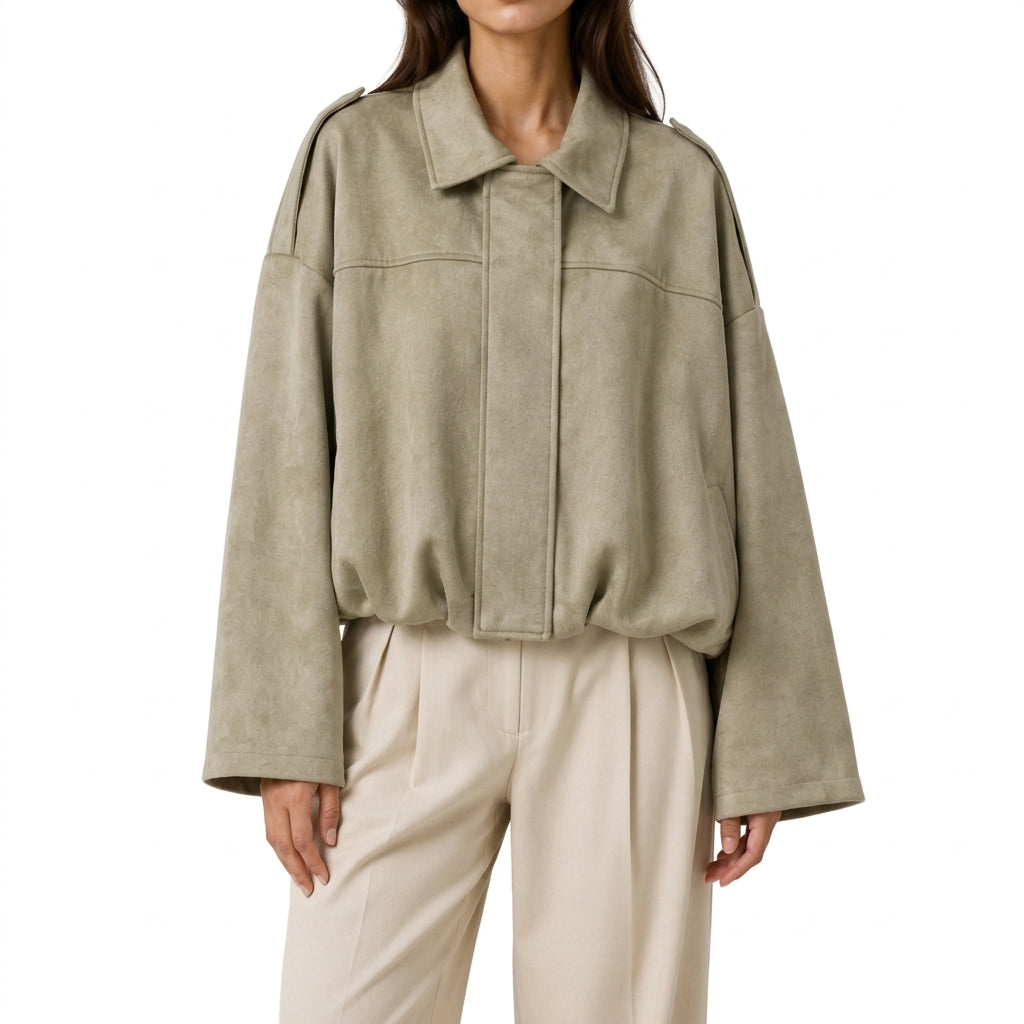 Nala | Collared Pocket Faux Suede Boxy Oversized Cropped Elasticated Hem Autumn Bomber Jacket Women