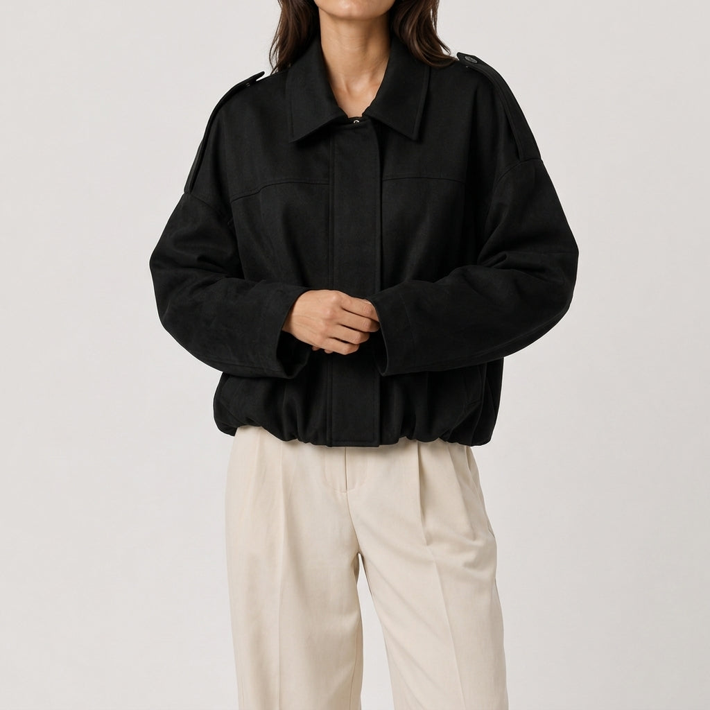 Nala | Collared Pocket Faux Suede Boxy Oversized Cropped Elasticated Hem Autumn Bomber Jacket Women