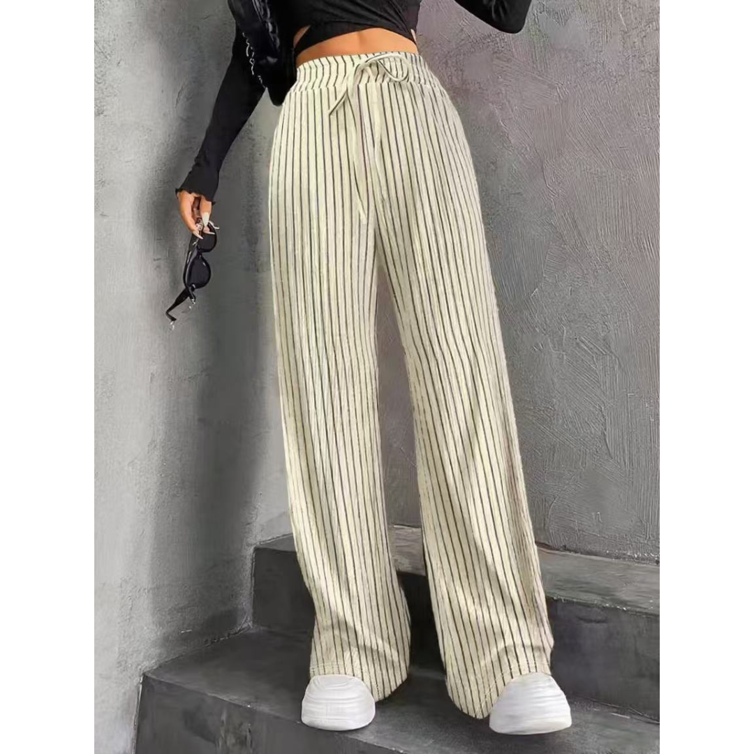 Faye | Knitted Loose Ribbed Drawstring Elasticated High Waisted Flowy Wide Leg Trousers Women