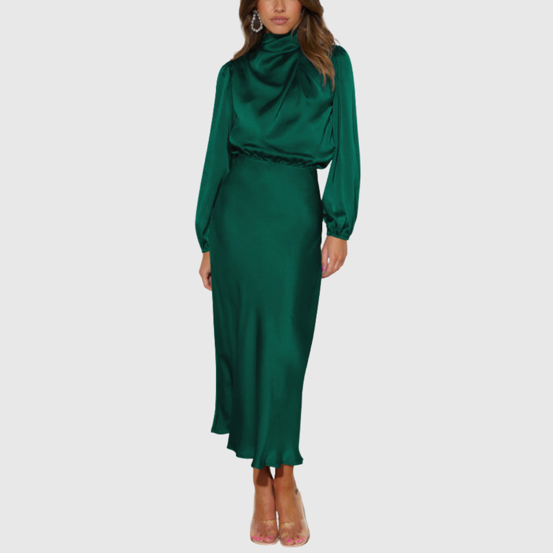 Elodie | Modest High Neck Draped Long Sleeve Elasticated Waist Satin Midi Wedding Guest Evening Dress Women