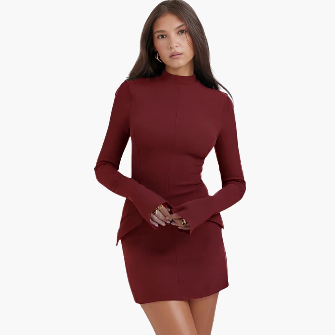 Eve | High Neck Tailored Structured Bodycon Pockets Autumn Party Long Sleeve Mini Dress Women