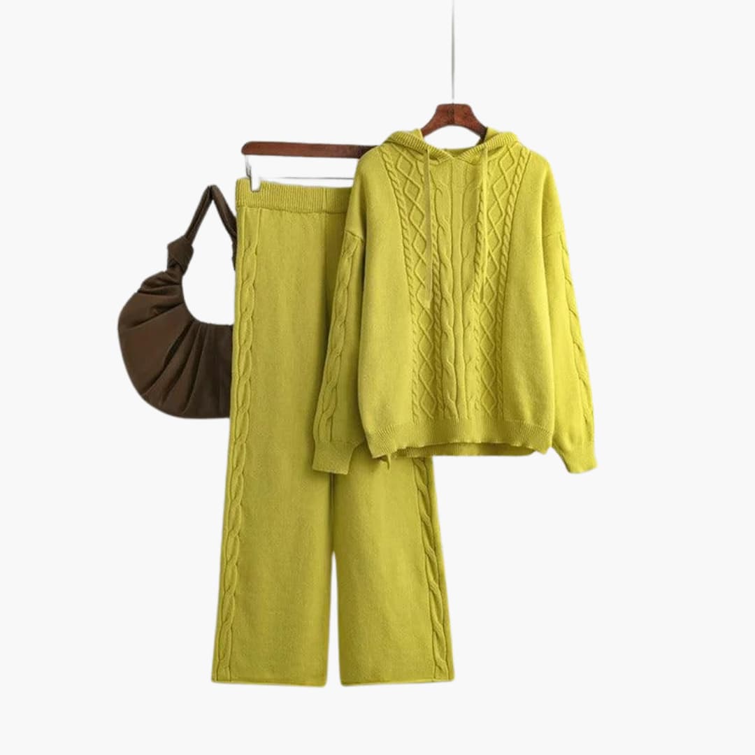 Nell | Knitted Long Sleeve Oversized Hooded Autumn Winter Wide Leg Trouser Co Ord Set Women