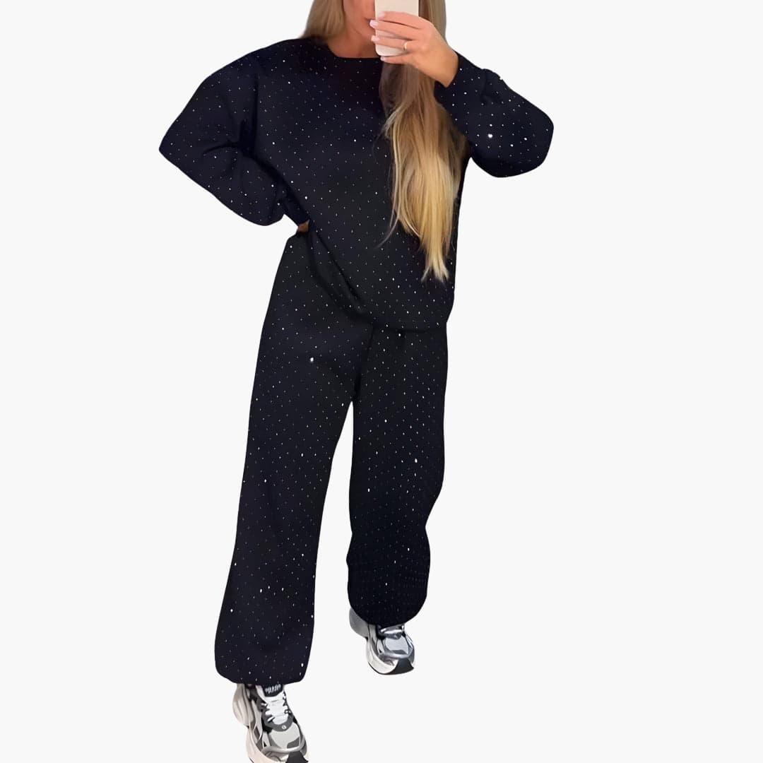 Yara | Fleece Diamante Embellished Oversized Long Sleeve Autumn Winter Wide Leg Tracksuit Women