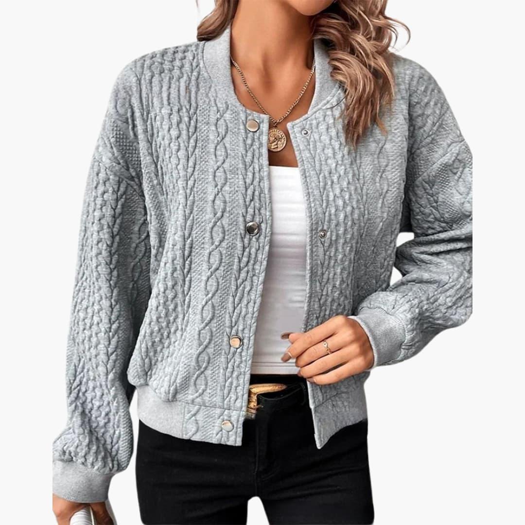 Ada | Knit Collarless Button Ribbed Hem Oversized Cropped Bomber Jacket Women