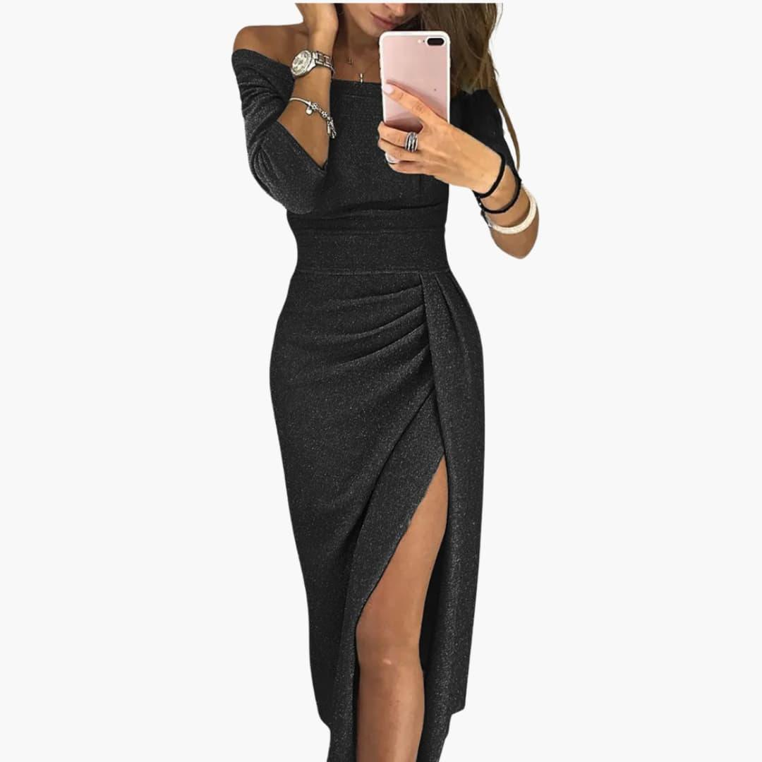 Livia | Off The Shoulder Glitter Knit Ruched Wrap Slit Party Evening Bodycon Midi Dress with Sleeves Women