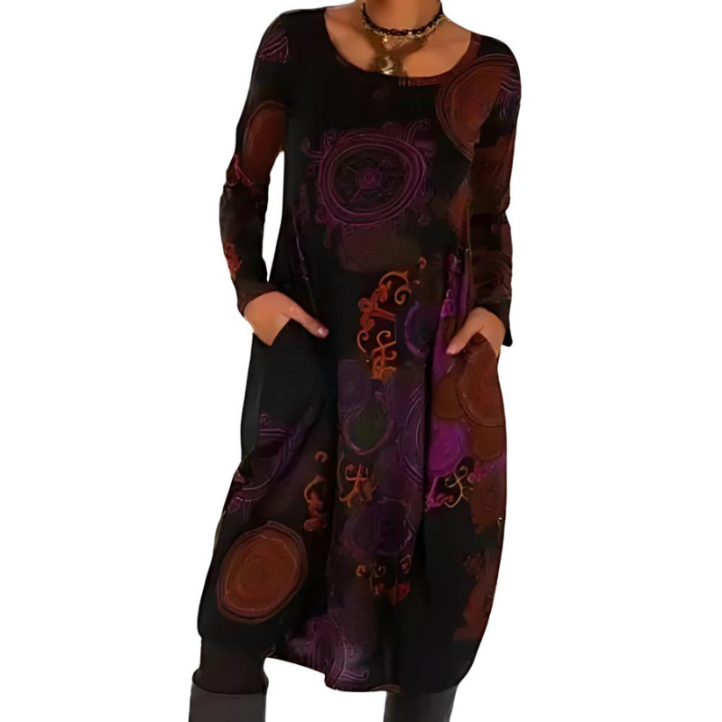 Maya | Flowy Printed Pocket Autumn Midi Long Sleeve Dress Women