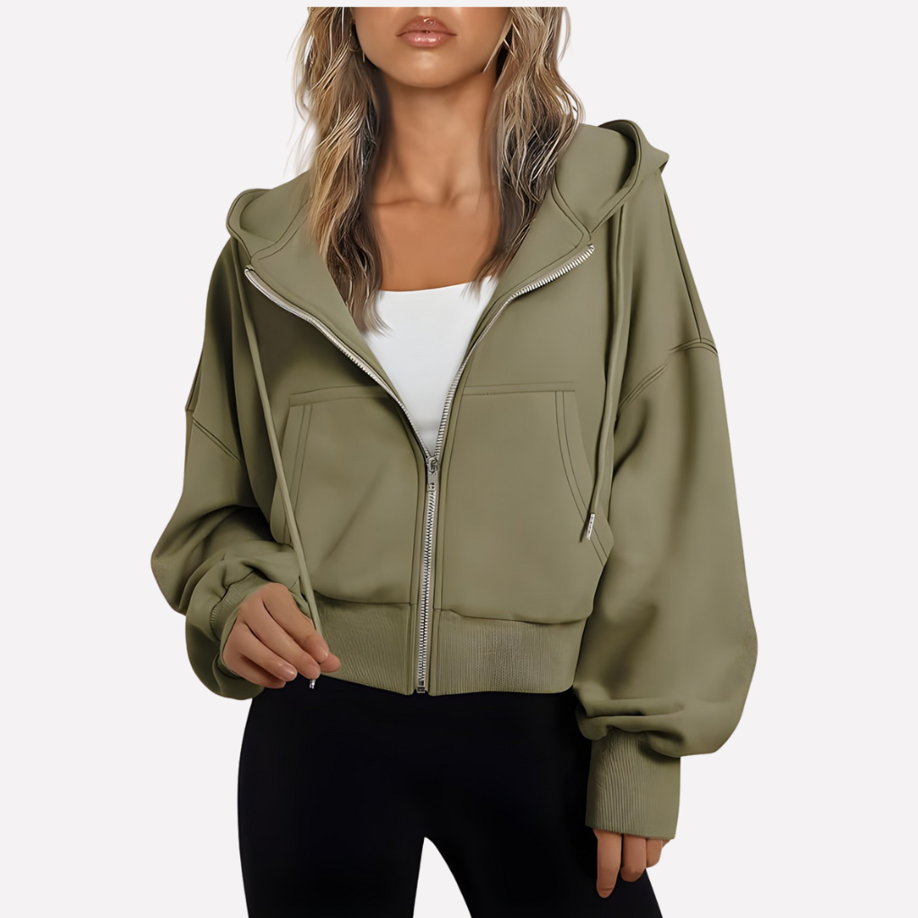 Coco | Zip Up Drawstring Ribbed Pockets Long Sleeve Oversized Autumn Cropped Hoodie Women