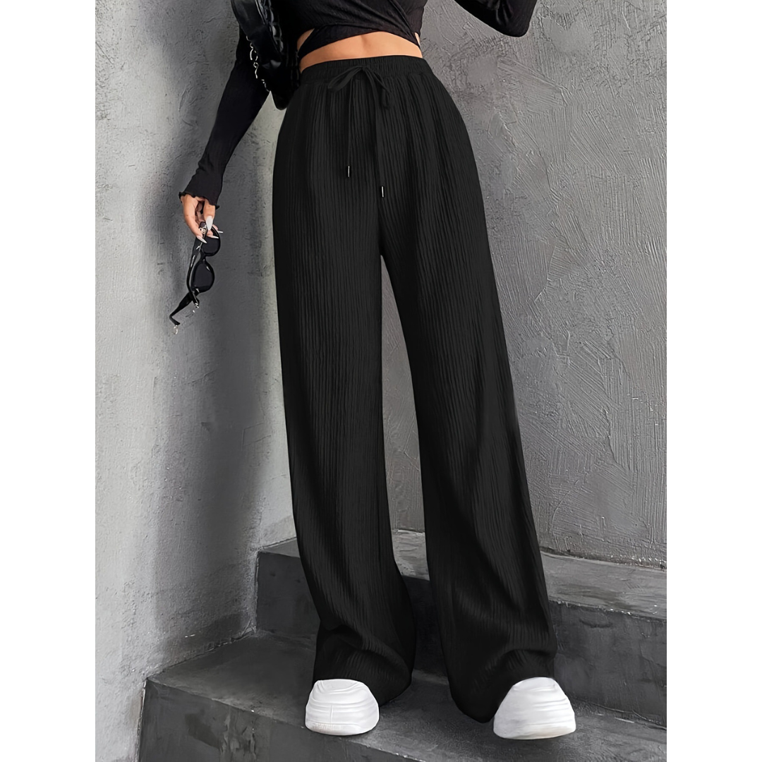 Faye | Knitted Loose Ribbed Drawstring Elasticated High Waisted Flowy Wide Leg Trousers Women