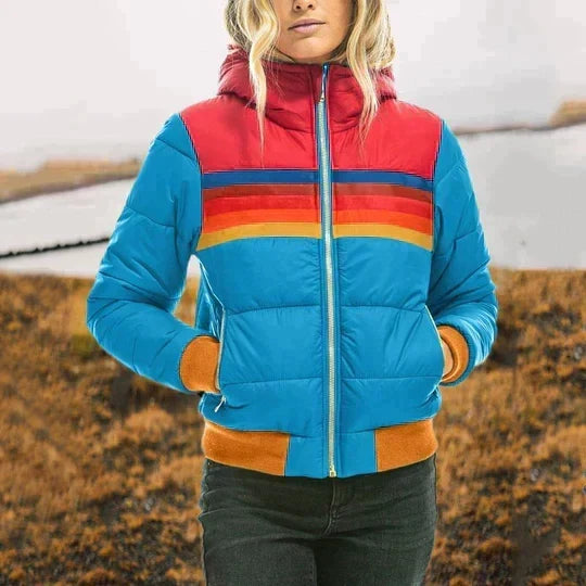 Lana | Striped Colour Block Quilted Collared Zip Up Winter Bomber Jacket Women