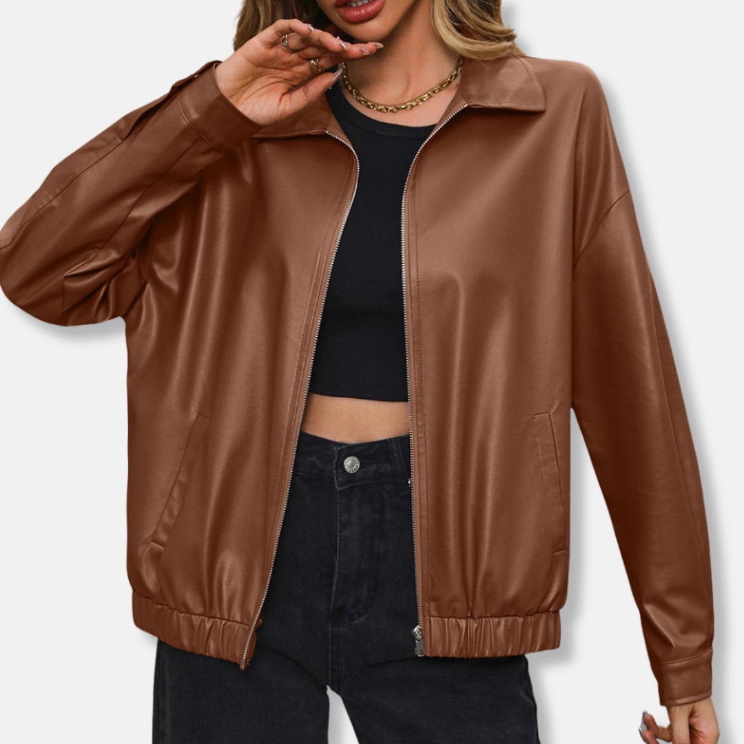 Beth | Collared Zip Up Pocket Elasticated Hem Autumn Faux Leather Oversized Bomber Jacket Women