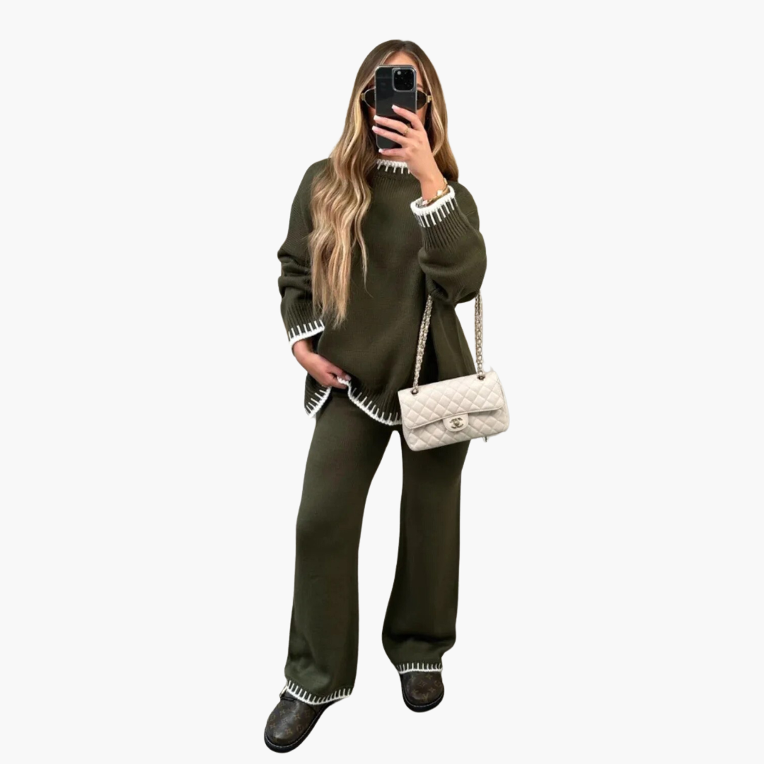 Elodie | Knitted Long Sleeve Oversized Autumn Winter Wide Leg Trouser Co Ord Set Women