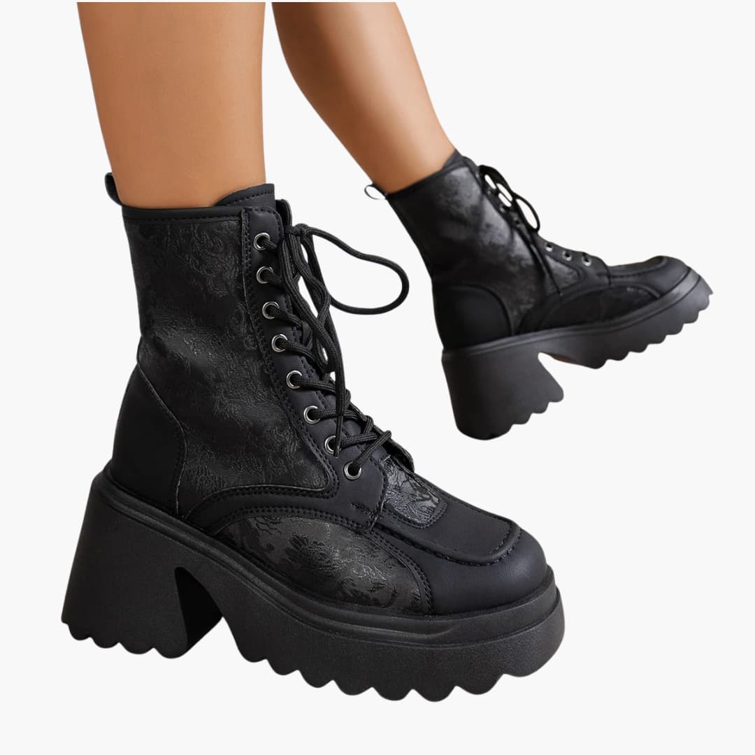 Ayla | Platform Block Heeled Round Toe Lace Up Autumn Faux Leather Ankle Boots Women