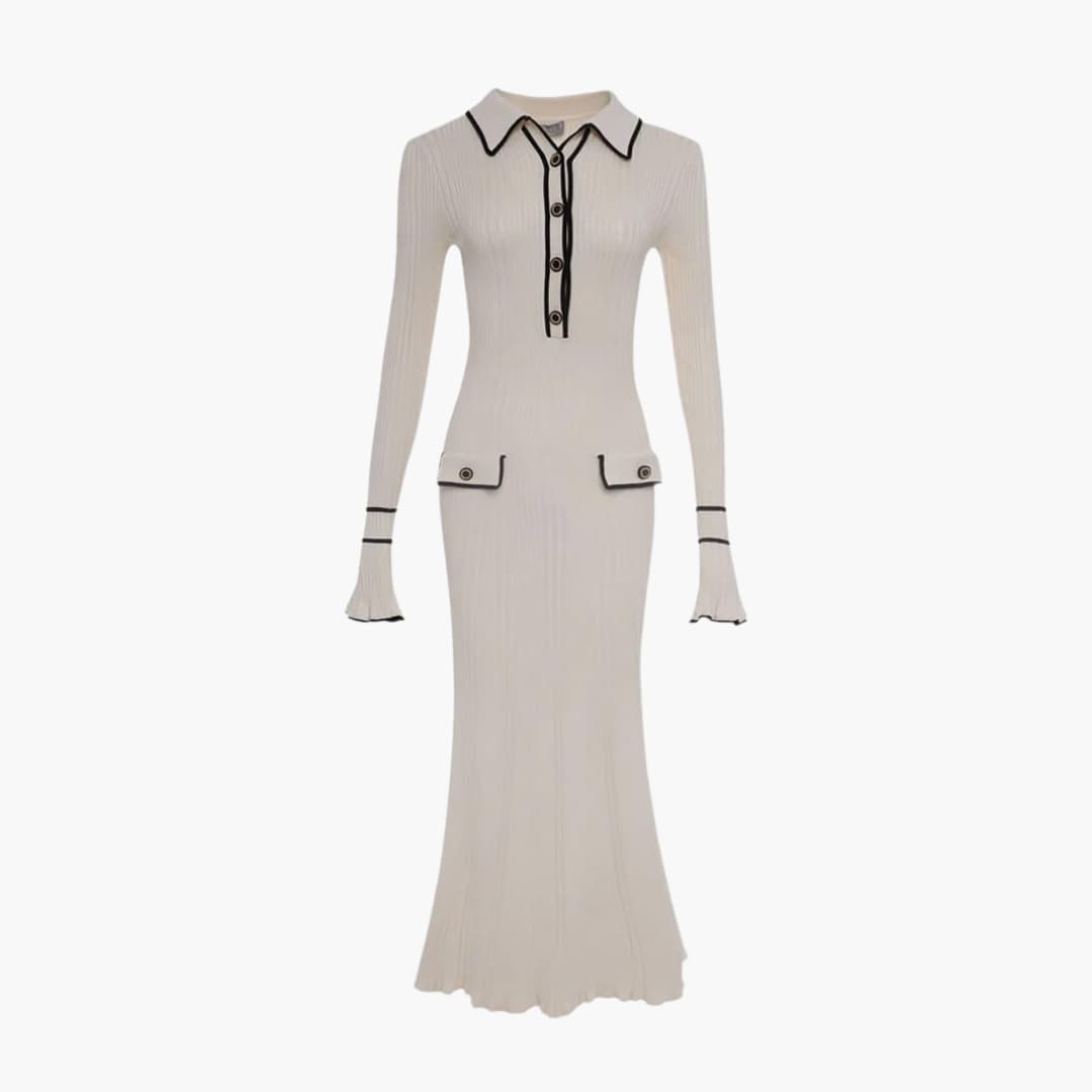Liz | Knitted Collared Long Sleeve Bodycon Ribbed Pockets Autumn Mermaid Maxi Jumper Dress Women