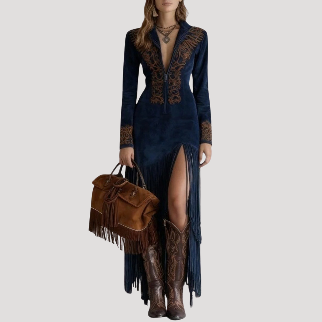 Selma | Faux Suede Embroidered Fringe Slit Long Sleeve Maxi Autumn Party Dress Ladies
