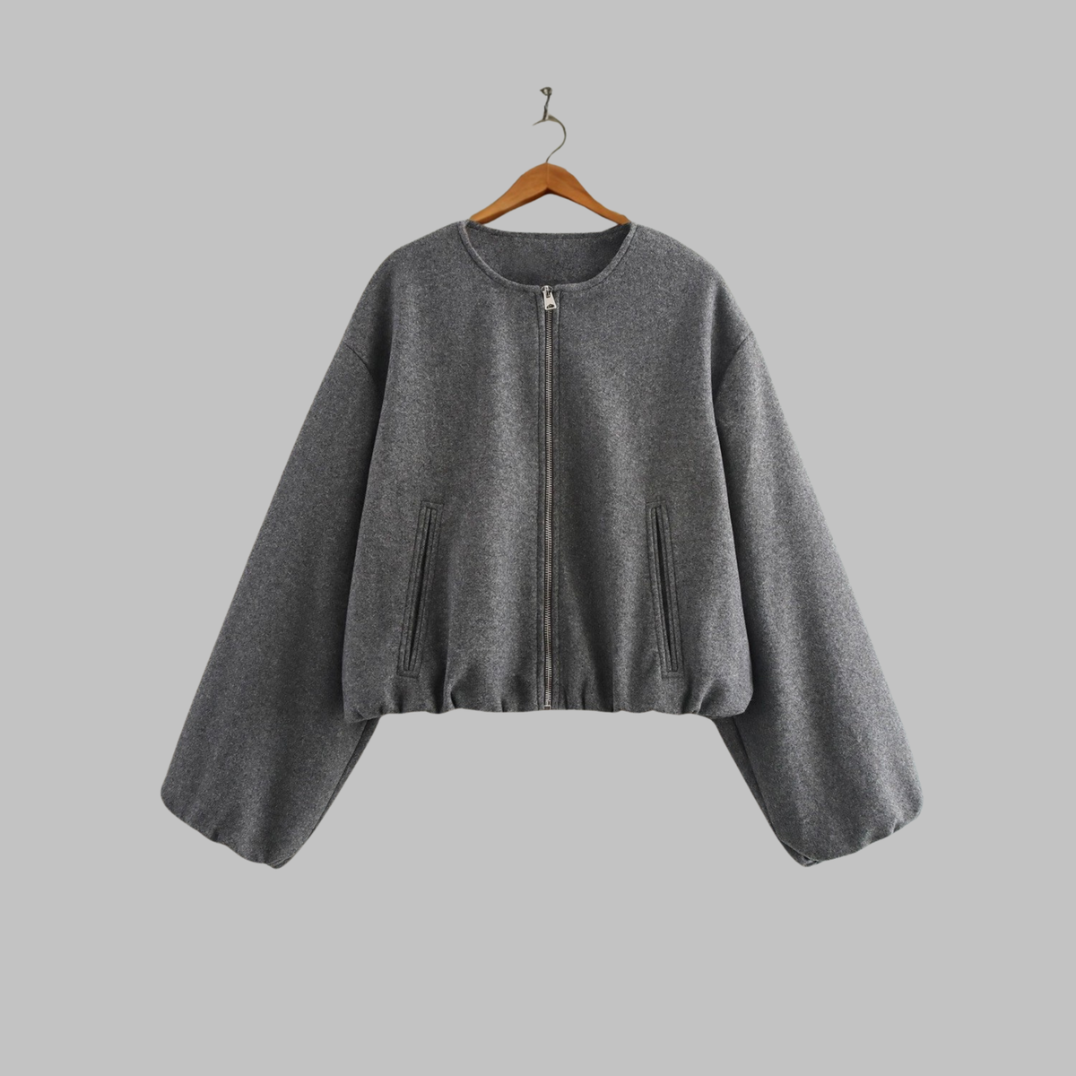Nancy | Collarless Zip Up Pocket Puff Sleeve Oversized Cropped Elasticated Hem Autumn Bomber Jacket Women