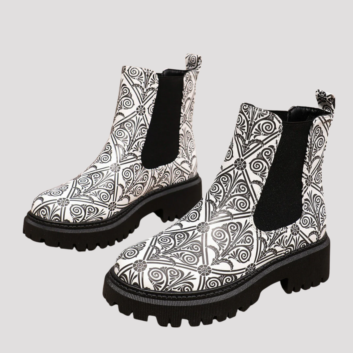 Romy | Printed Patchwork Round Toe Autumn Faux Leather Platform Chunky Chelsea Boots Women