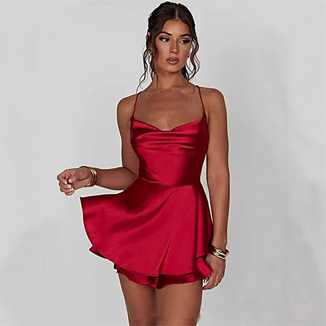 Tegan | Cowl Neck Strappy Tiered Skater Satin Party Going Out Fit And Flare Mini Dress Women