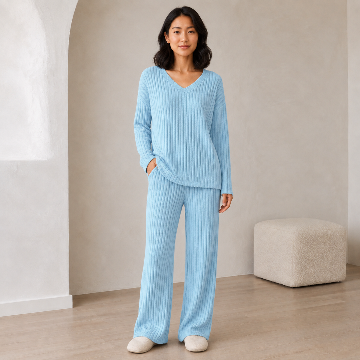Rose | Ribbed Knitted V Neck Long Sleeve Wide Leg Trouser Oversized Co Ord Set Women