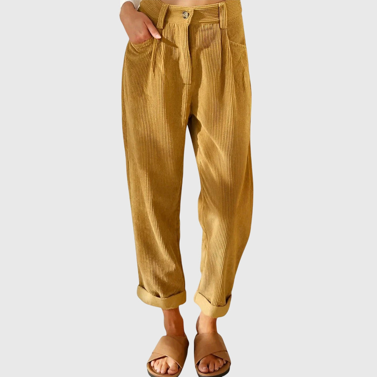 Peggy | High Waisted Pleated Corduroy Turn Up Cropped Ribbed Pocket Autumn Tapered Trousers Women
