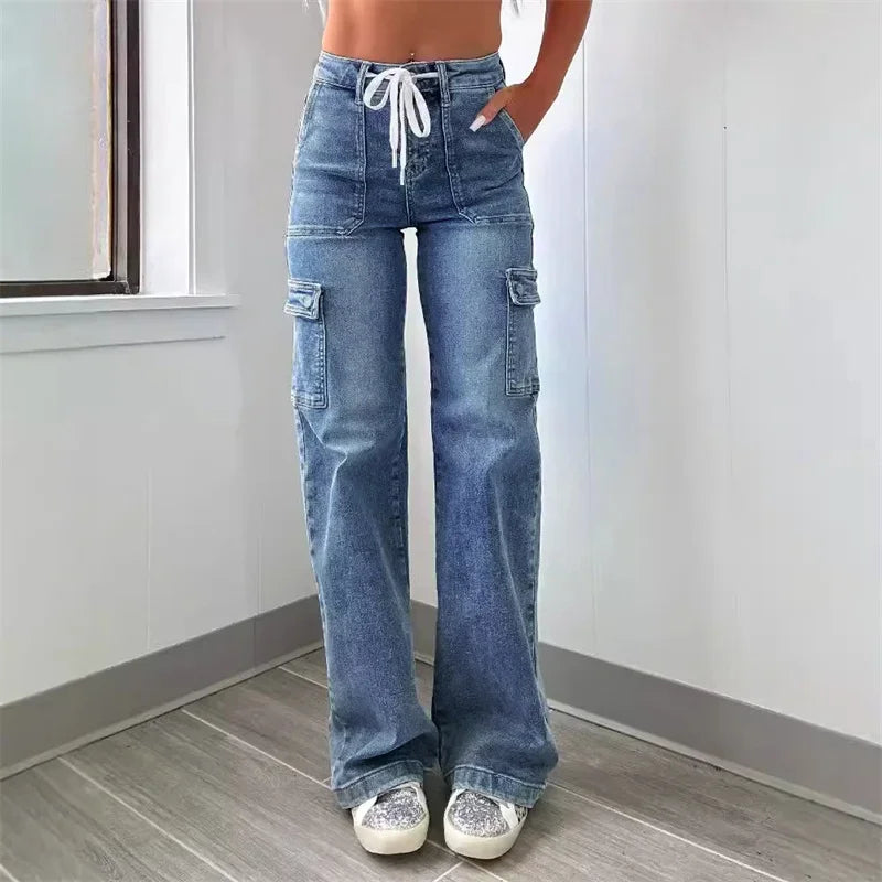Isla | High Waisted Drawstring Autumn Flared Denim Cargo Trousers Women
