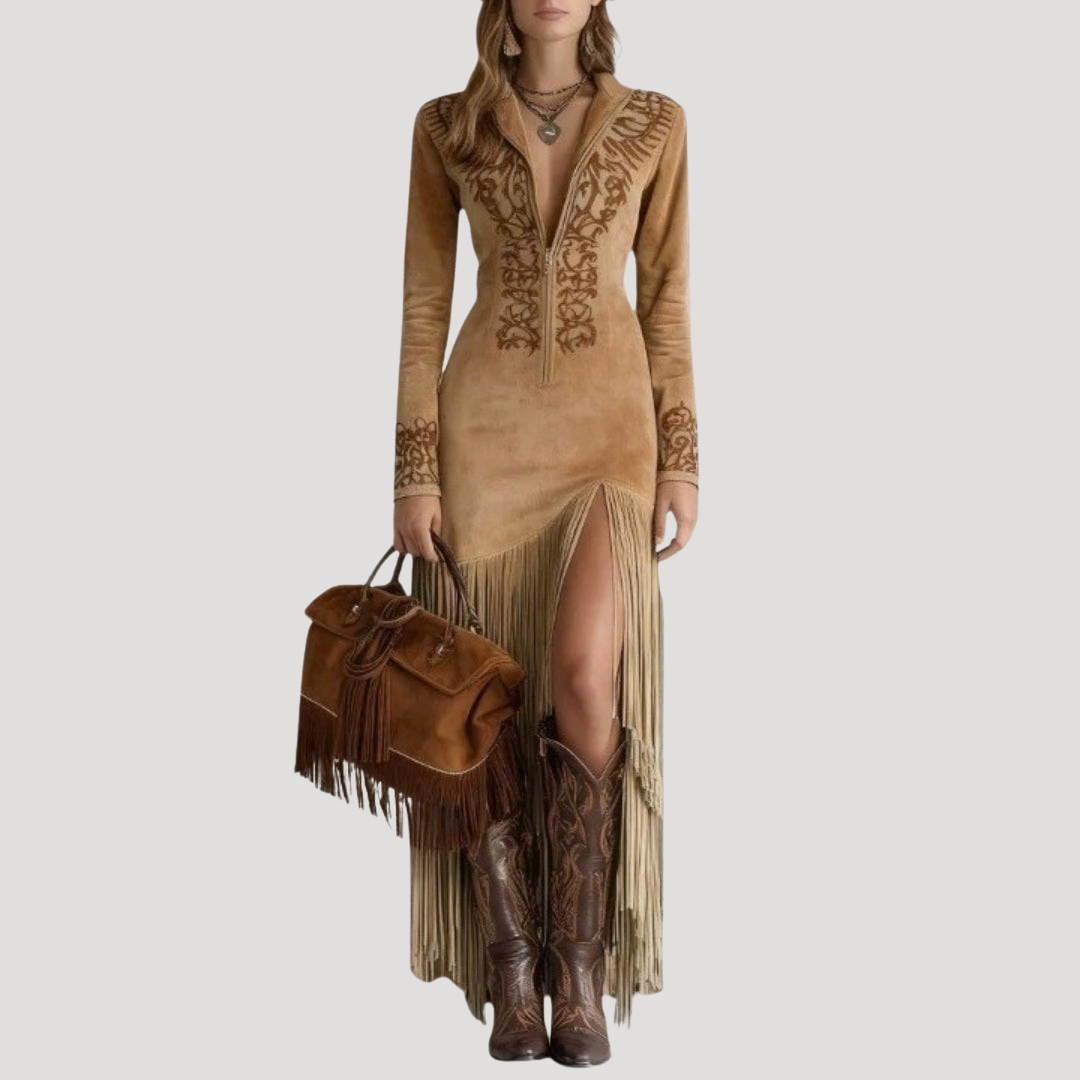 Selma | Faux Suede Embroidered Fringe Slit Long Sleeve Maxi Autumn Party Dress Ladies