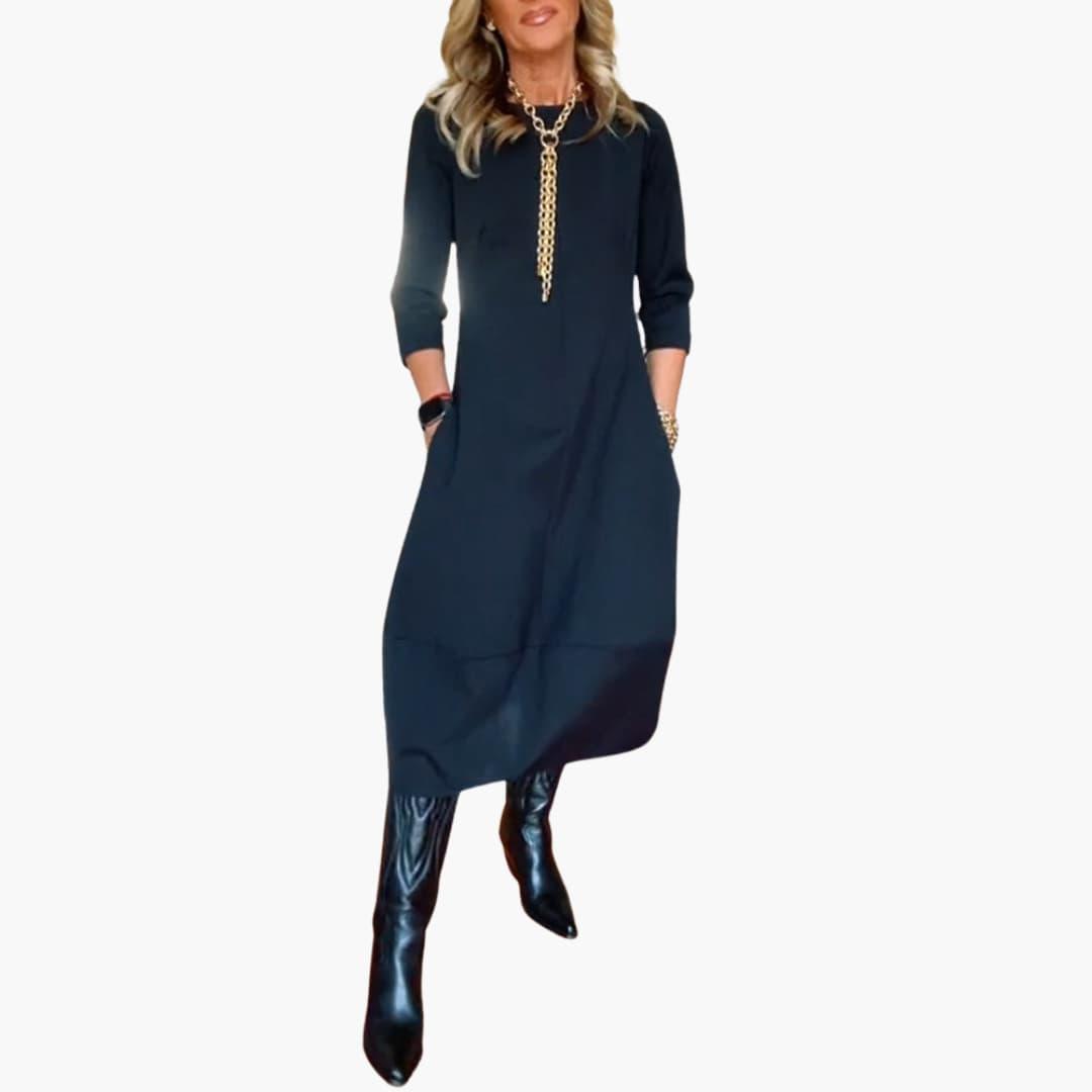 Jolie | Round Neck Three Quarter Sleeve Side Pockets Curved Hem Autumn Midi Dress Women