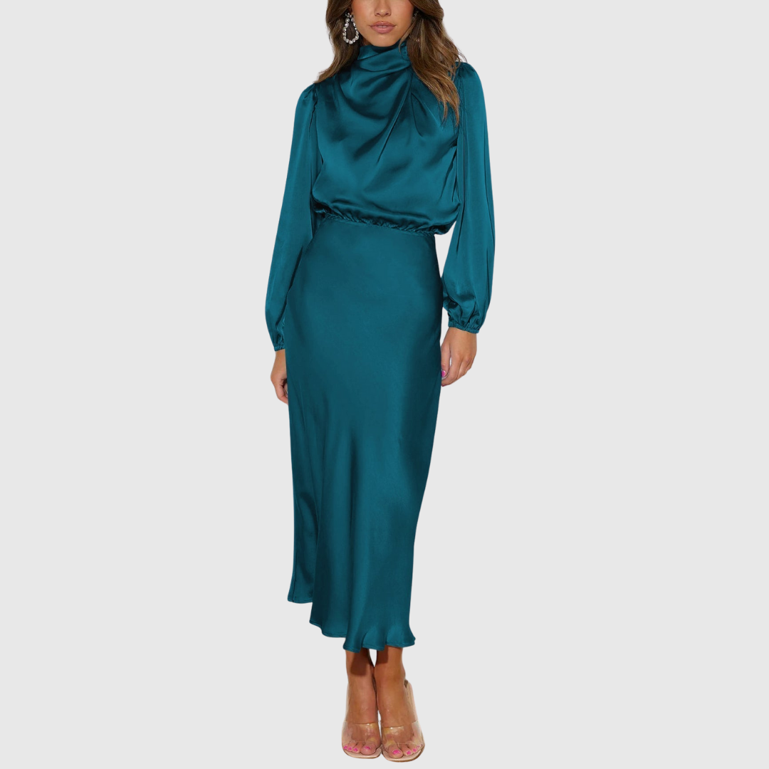 Elodie | Modest High Neck Draped Long Sleeve Elasticated Waist Satin Midi Wedding Guest Evening Dress Women