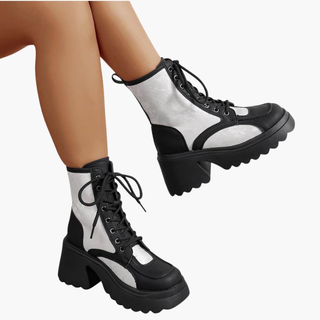 Ayla | Platform Block Heeled Round Toe Lace Up Autumn Faux Leather Ankle Boots Women