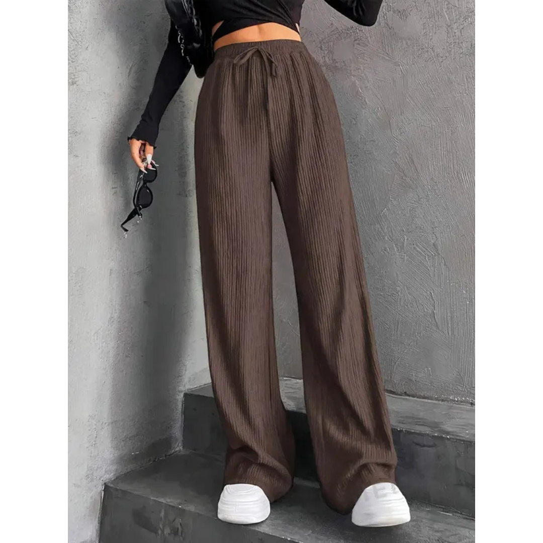 Faye | Knitted Loose Ribbed Drawstring Elasticated High Waisted Flowy Wide Leg Trousers Women