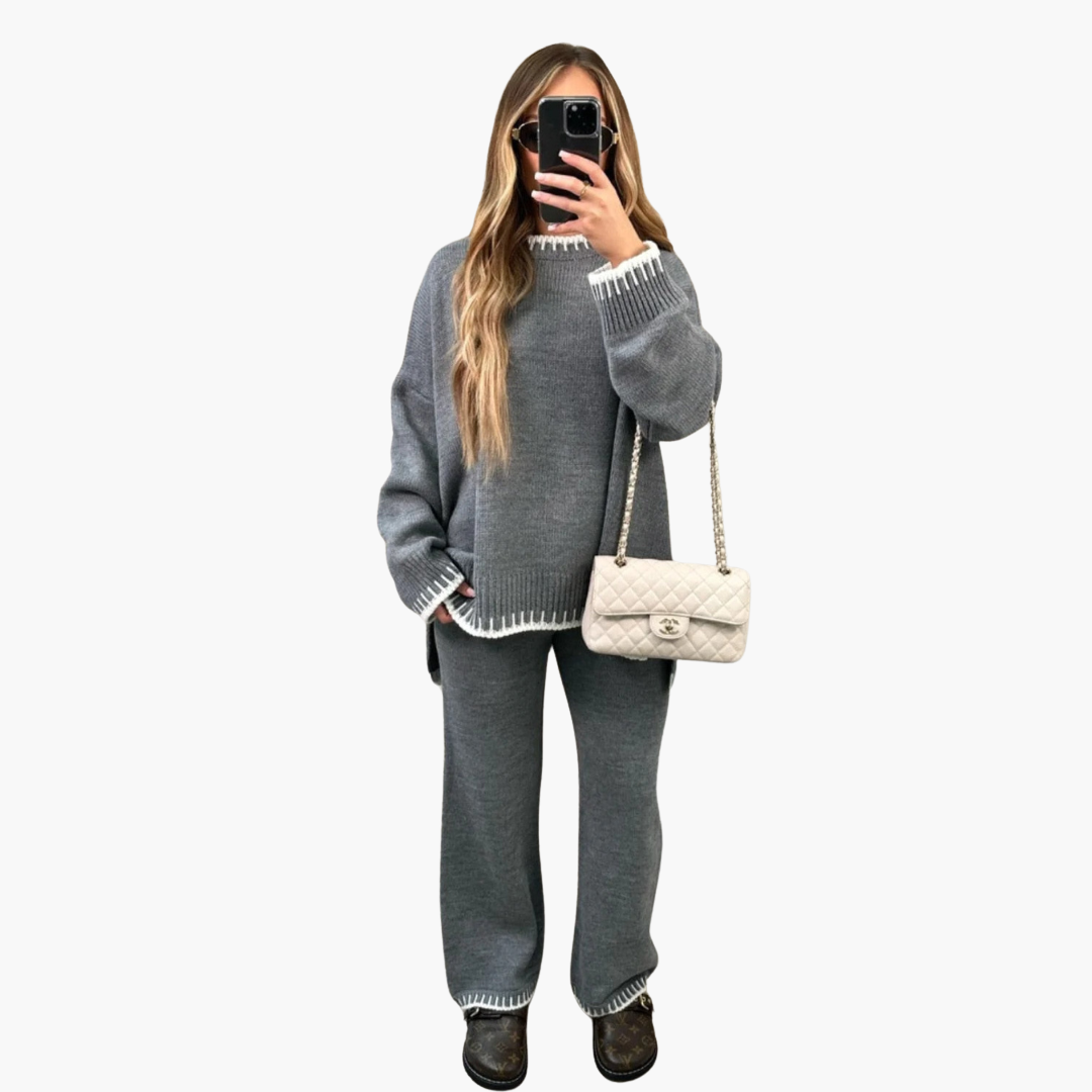 Elodie | Knitted Long Sleeve Oversized Autumn Winter Wide Leg Trouser Co Ord Set Women